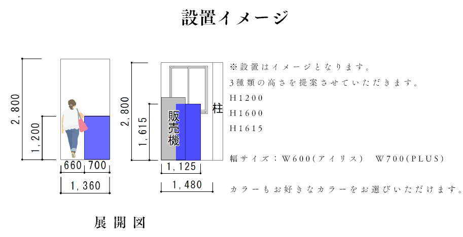高さや使用感で迷っていらっしゃったので、イメージ資料を作成し、お客様とご一緒に商品を選定させていただきました。
高さなども実際はい目地がつきにくいため、お客様に商品のイメージが分かりやすいように人物のイラストを入れさせていただきました。